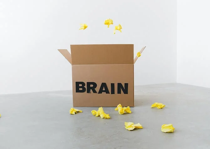 box with brain and loose paper around it